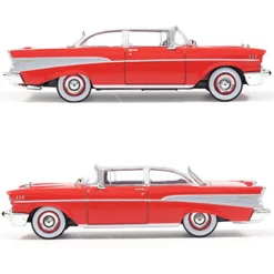 1957 Chevrolet Bel Air Sedan - Matador Red and India Ivory 1:64 Scale Diecast Model Car by IXO Models