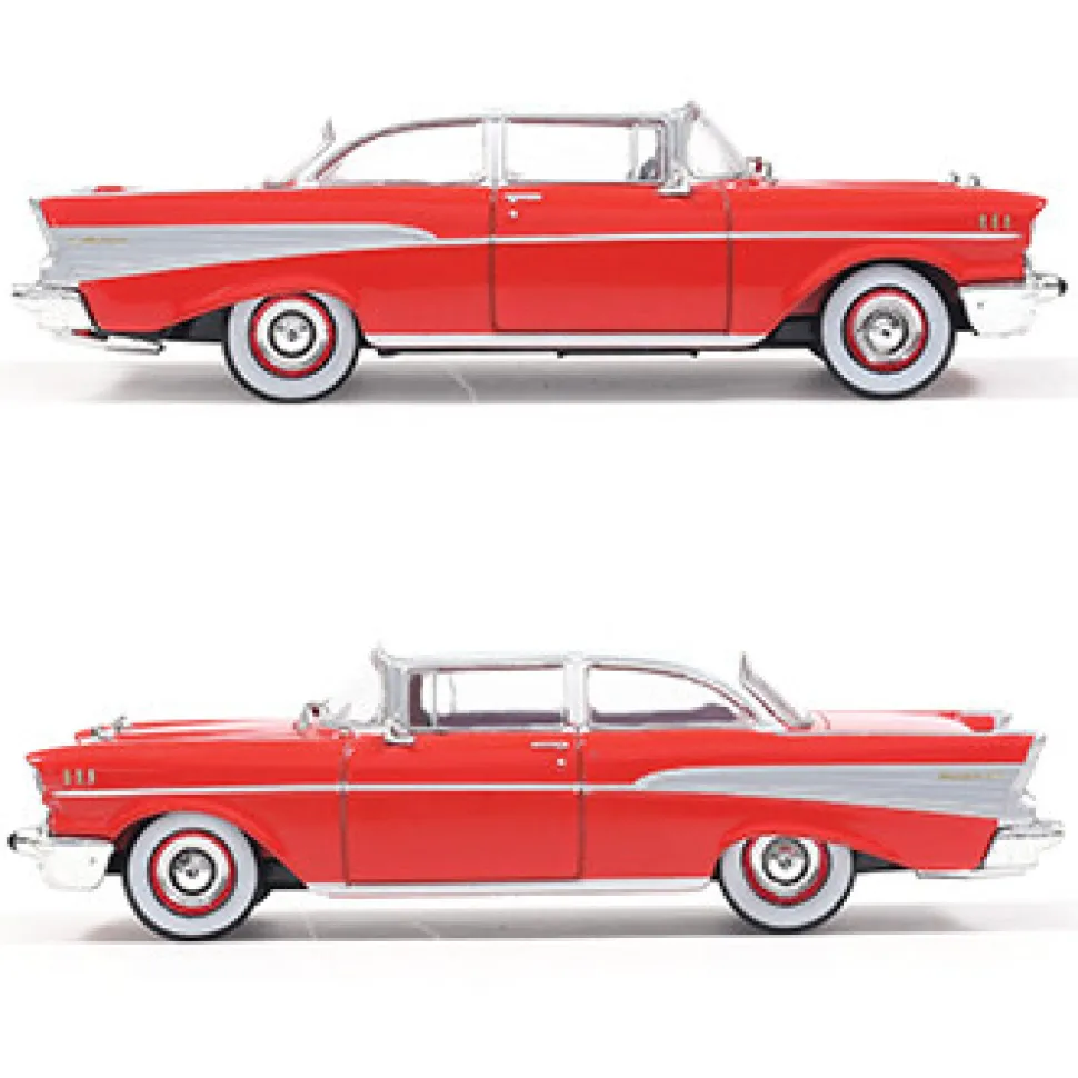 1957 Chevrolet Bel Air Sedan - Matador Red and India Ivory 1:64 Scale Diecast Model Car by IXO Models