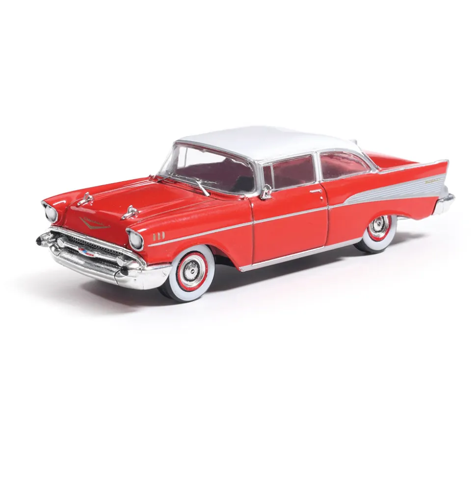1957 Chevrolet Bel Air Sedan - Matador Red and India Ivory 1:64 Scale Diecast Model Car by IXO Models