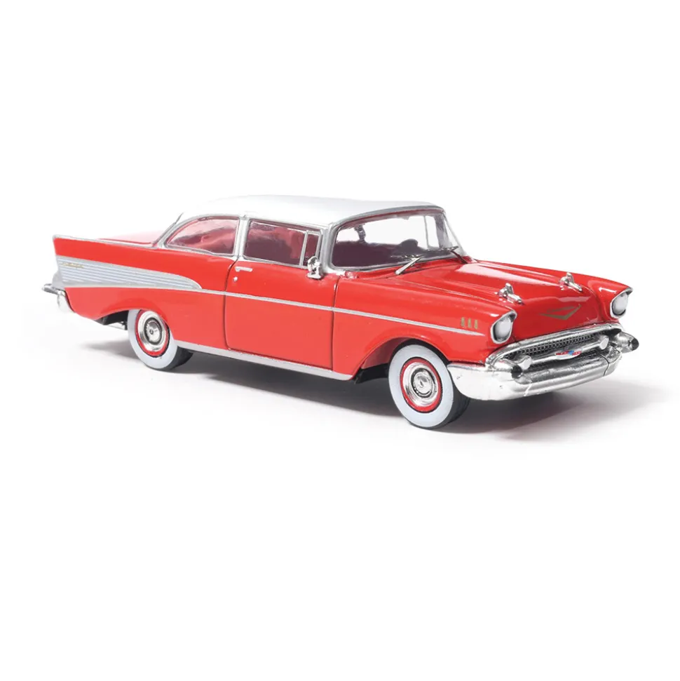 1957 Chevrolet Bel Air Sedan - Matador Red and India Ivory 1:64 Scale Diecast Model Car by IXO Models