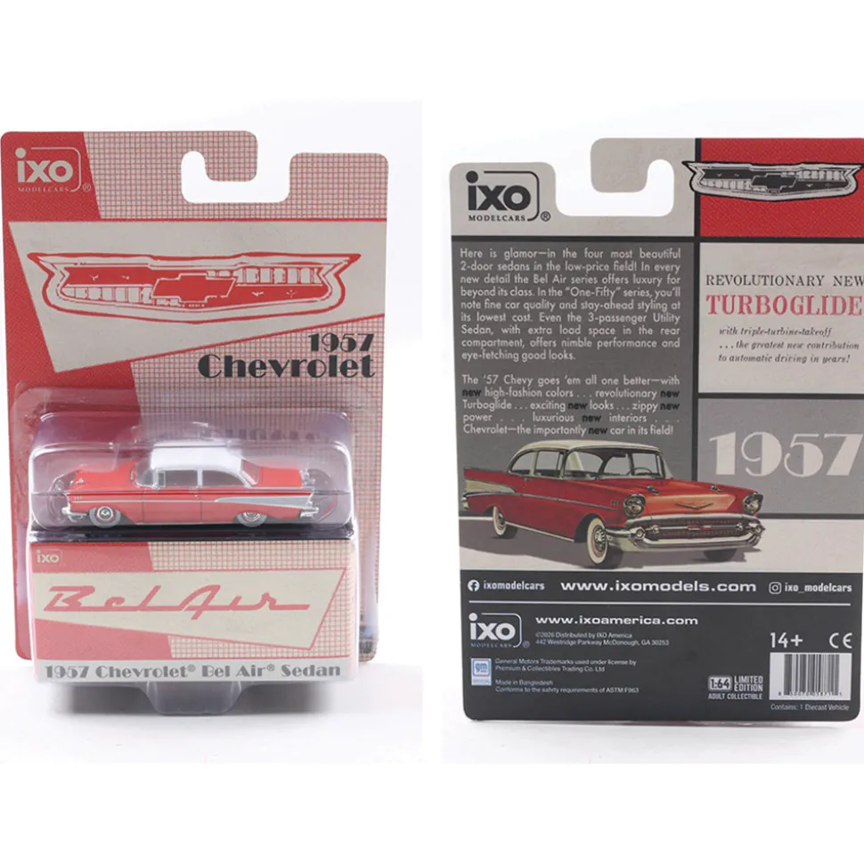 1957 Chevrolet Bel Air Sedan - Matador Red and India Ivory 1:64 Scale Diecast Model Car by IXO Models