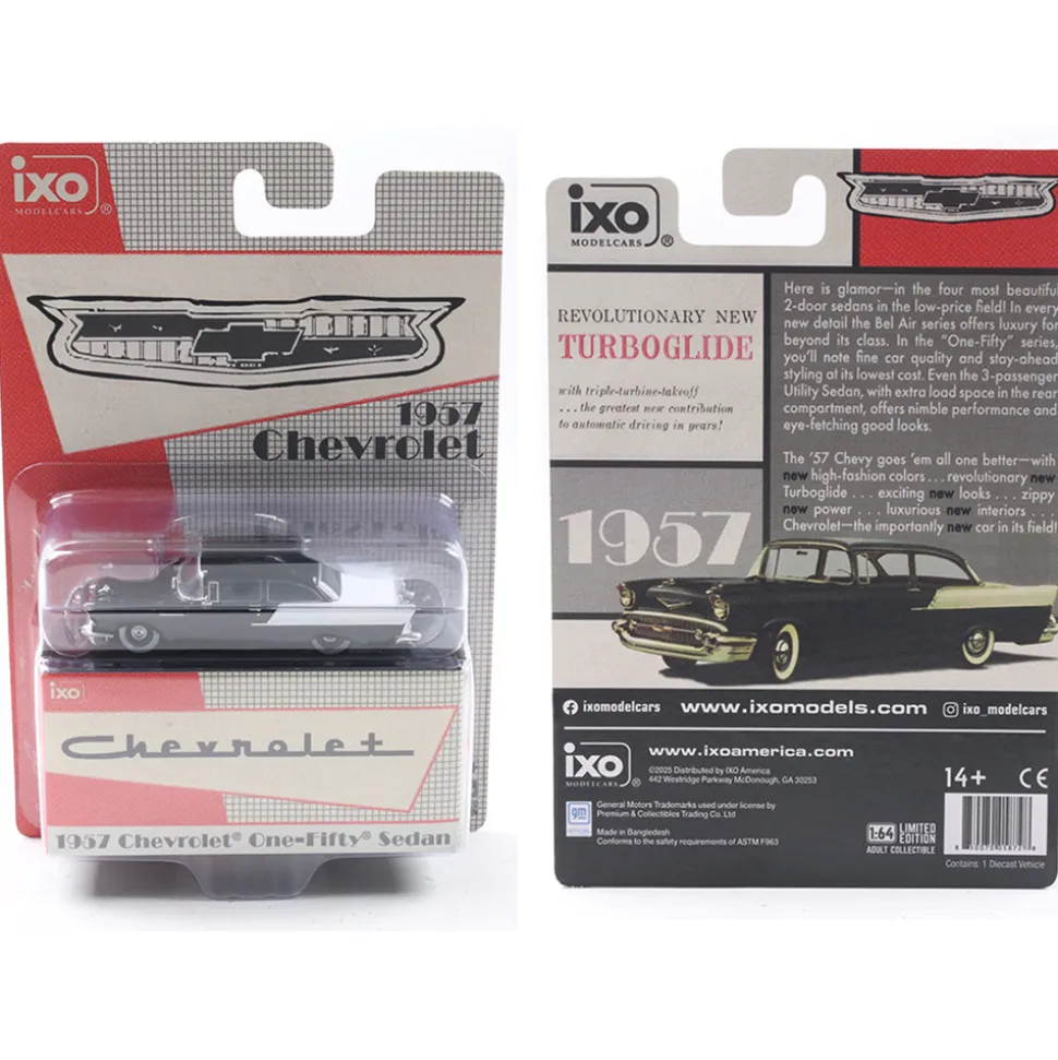 1957 Chevrolet One-Fifty Sedan - Onyx Black and India Ivory 1:64 Scale Diecast Model Car by IXO Models