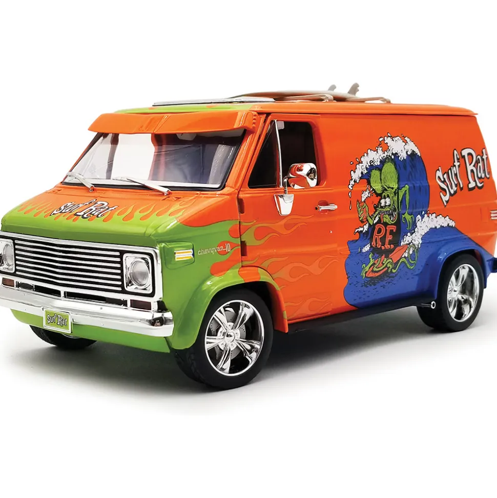 1976 Chevrolet Rat Fink G-Series Van - Surf Rat w/Figure, Surfboard & Sticker 1:18 Scale Diecast Model Truck by Acme