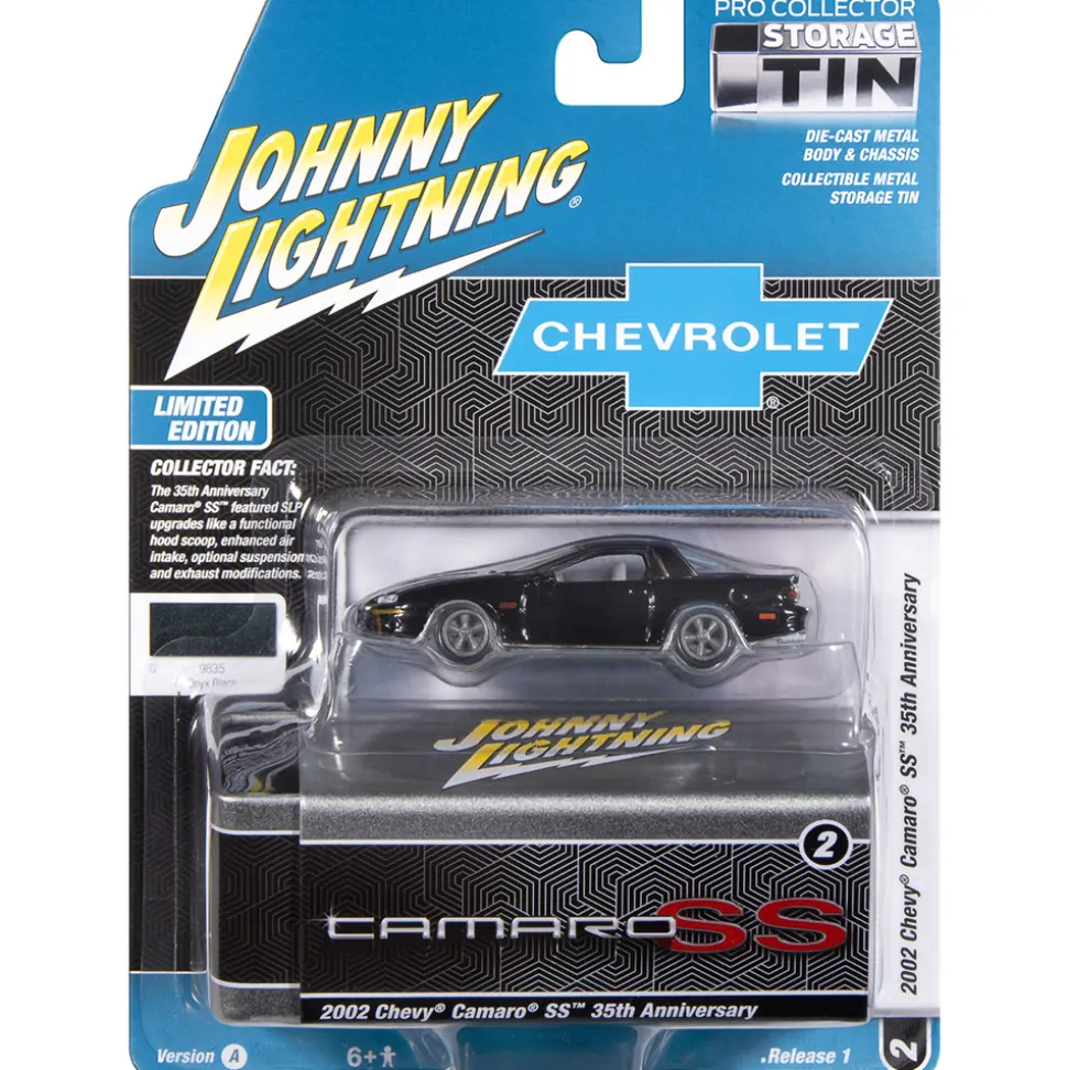 2002 Chevy Camaro SS 35th Anniversary w/Tin - Black w/Silver Stripes 1:64 Scale Diecast Model Car by Johnny Lightning