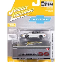 2002 Chevy Camaro SS 35th Anniversary w/Tin - Silver w/Black Stripes 1:64 Scale Diecast Model Car by Johnny Lightning