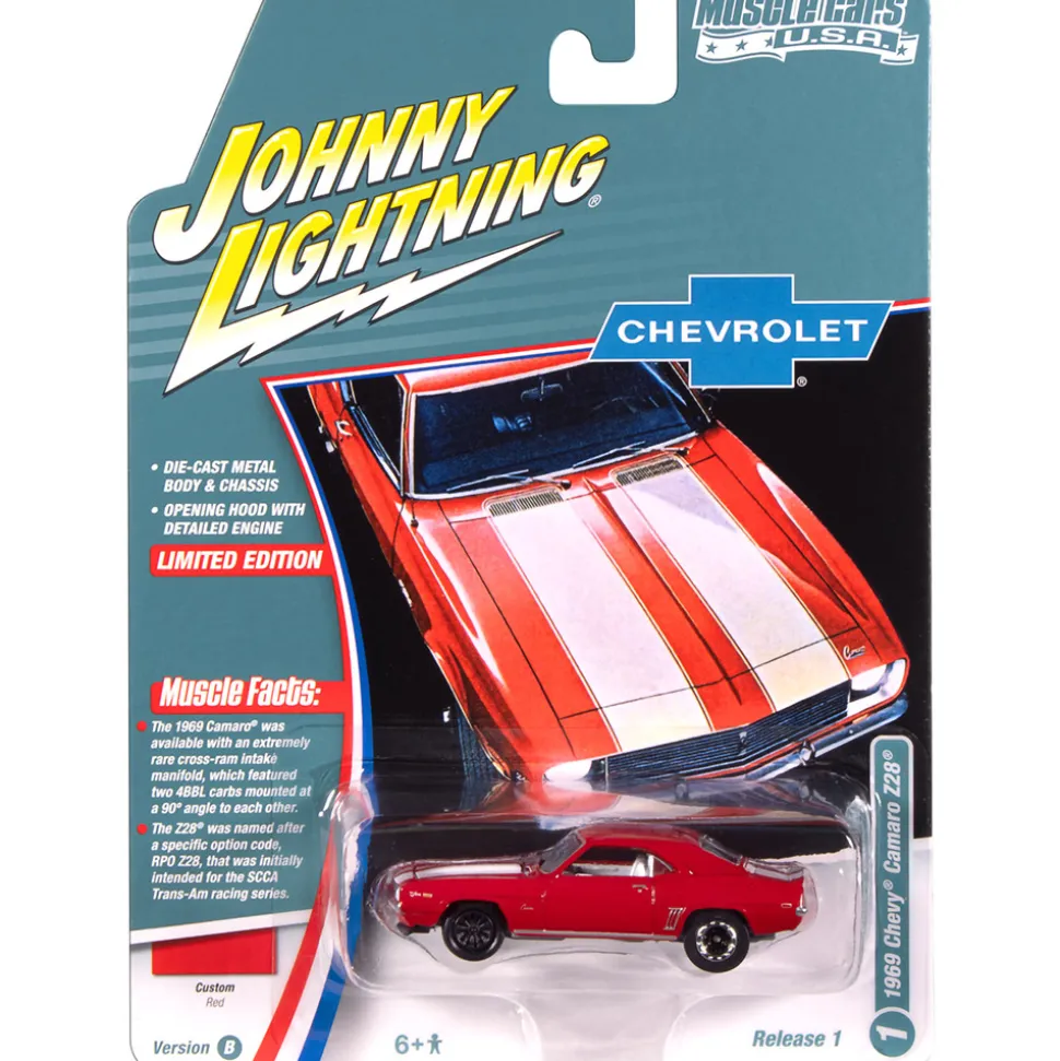 1969 Chevy Camaro Z28 - Red w/White Stripes 1:64 Scale Diecast Model Car by Johnny Lightning