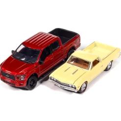 1967 Chevy El Camino SS Custom & 2020 Ford F-150 PICKUPS 2Pack A - Yellow & Red 1:64 Scale Diecast Model Truck by Auto World
