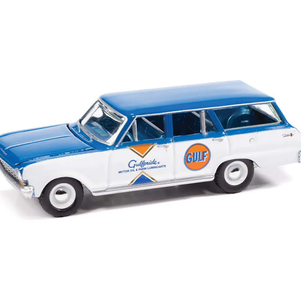 1963 Chevy II Wagon Gulf - White w/Dark Blue Roof & Gulf Graphics 1:64 Scale Diecast Model Truck by Auto World