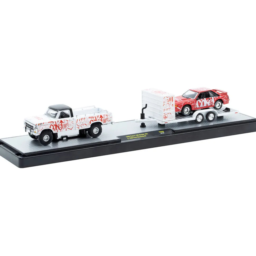 Coca-Cola 1969 Ford F-100 Ranger 4X4 & 1990 Ford Mustang GT with Trailer 1:64 Scale Diecast Model Truck by M2 Machines