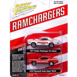 1971 Dodge Challenger Pro Stock-White & 1970 Plymouth Cuda Super Stock Ram Chargers-Red 1:64 Scale Diecast Model Car by Johnny Lightning