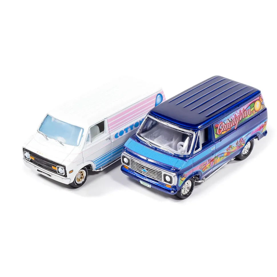 1976 Dodge Tradesman Van & 1975 Chevy G20 Van Boogie Vans - White+Purple 1:64 Scale Diecast Model Truck by Johnny Lightning