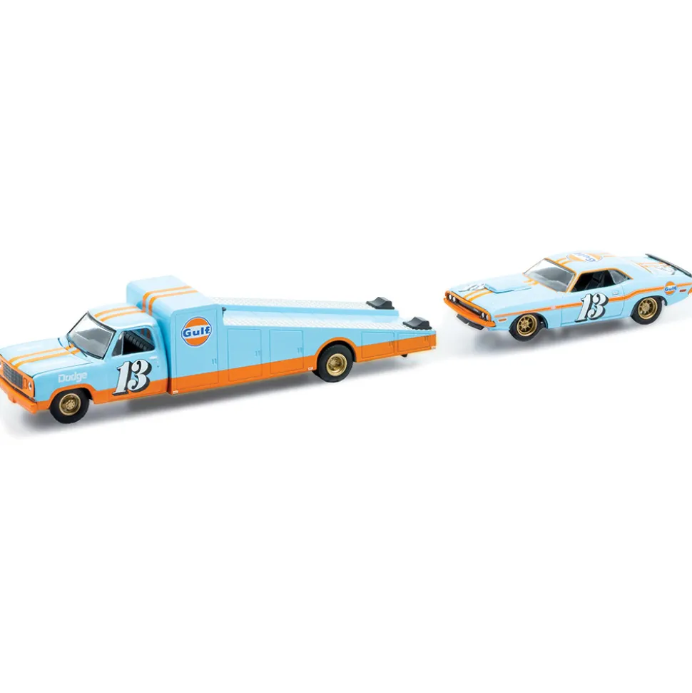 1974 Dodge Truck & 1970 Dodge Challenger T/A Gulf Edition 1:64 Scale Diecast Model Truck by M2 Machines