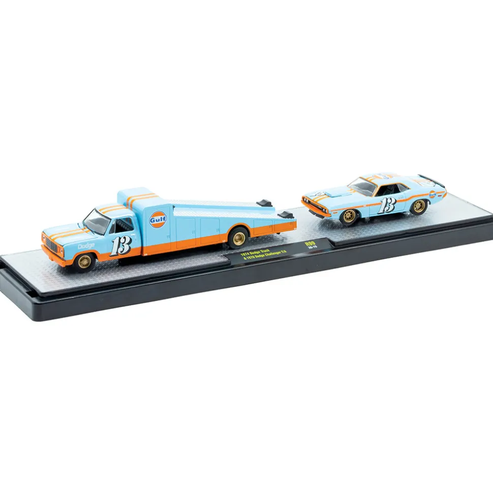 1974 Dodge Truck & 1970 Dodge Challenger T/A Gulf Edition 1:64 Scale Diecast Model Truck by M2 Machines