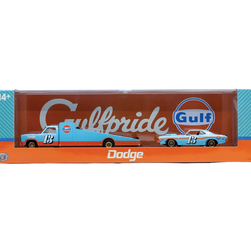 1974 Dodge Truck & 1970 Dodge Challenger T/A Gulf Edition 1:64 Scale Diecast Model Truck by M2 Machines