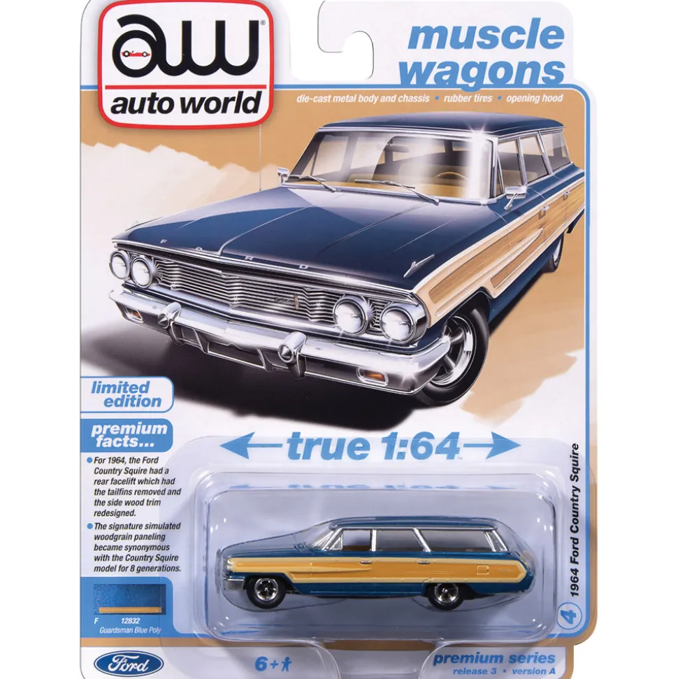 1964 Ford Country Squire - Guardsman Blue w/Honey Colored Wood Trim 1:64 Scale Diecast Model Car by Auto World