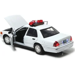 2001 Ford Crown Victoria White Police Car with Lights & Sound 1:18 Scale Diecast Model Car by Motormax