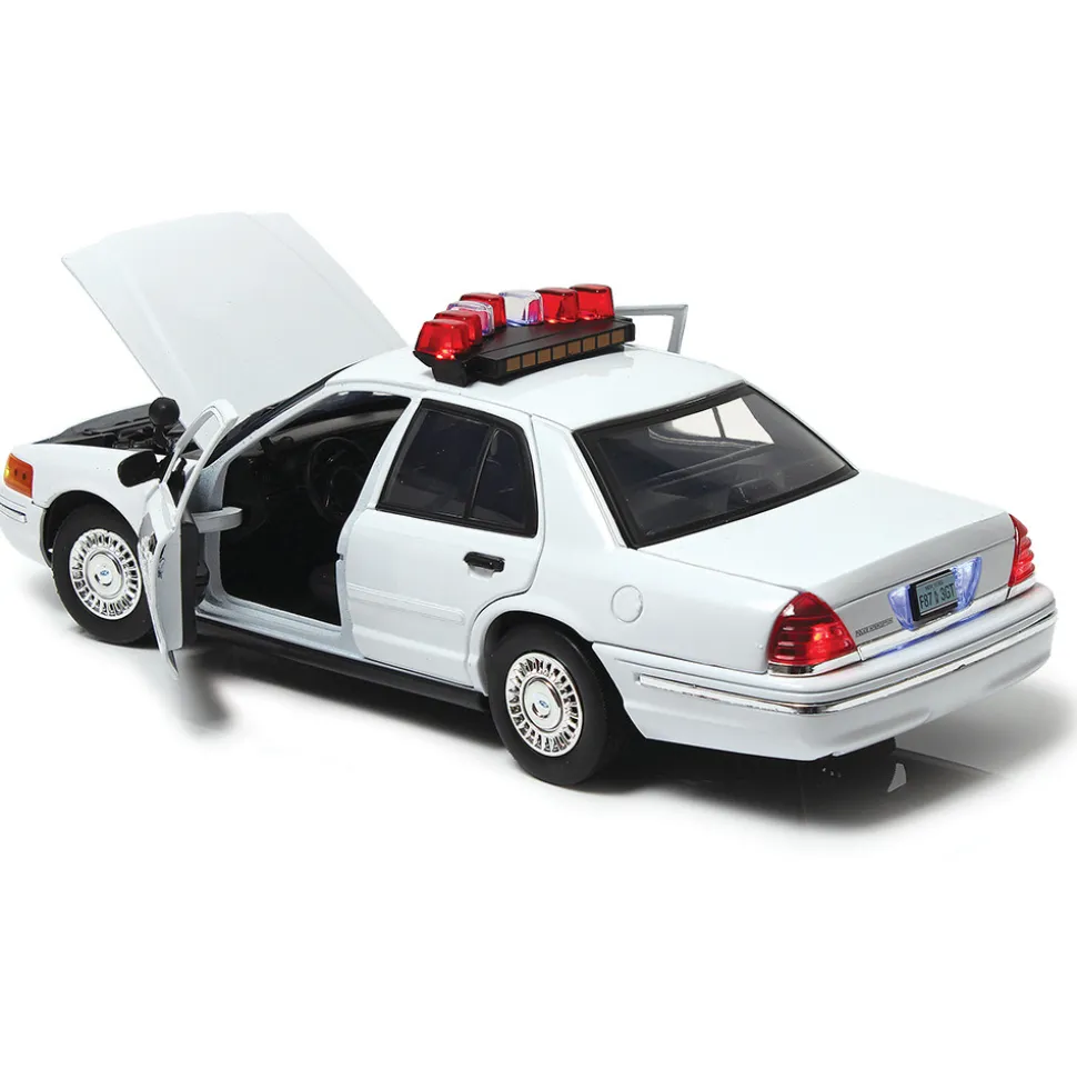 2001 Ford Crown Victoria White Police Car with Lights & Sound 1:18 Scale Diecast Model Car by Motormax