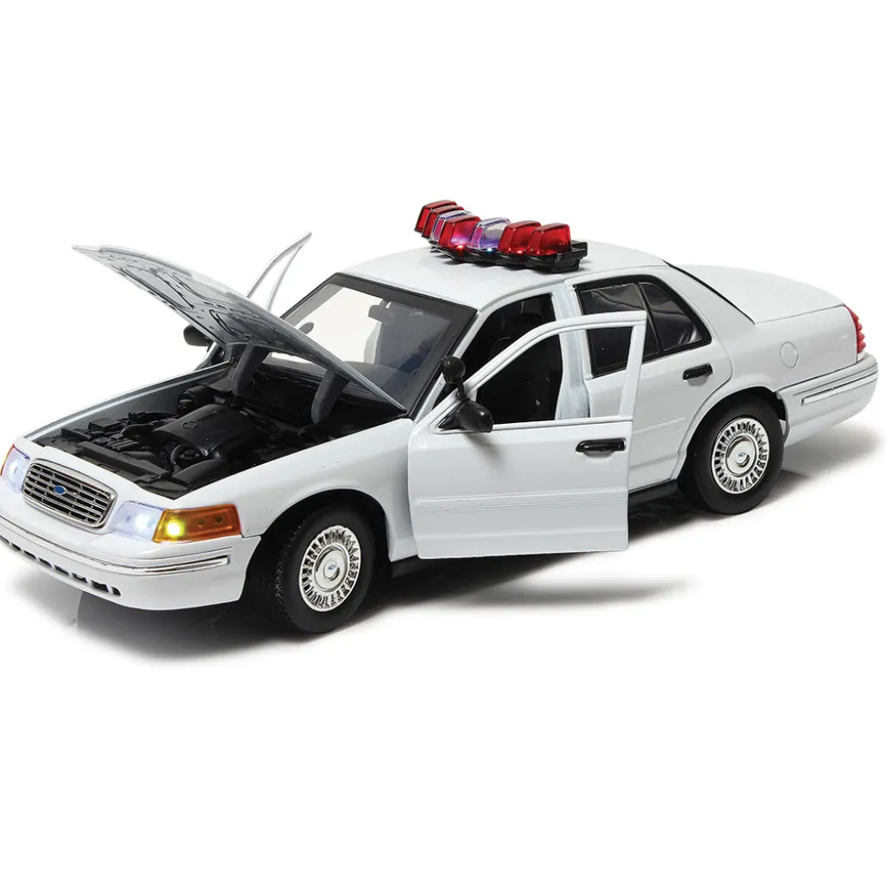 2001 Ford Crown Victoria White Police Car with Lights & Sound 1:18 Scale Diecast Model Car by Motormax
