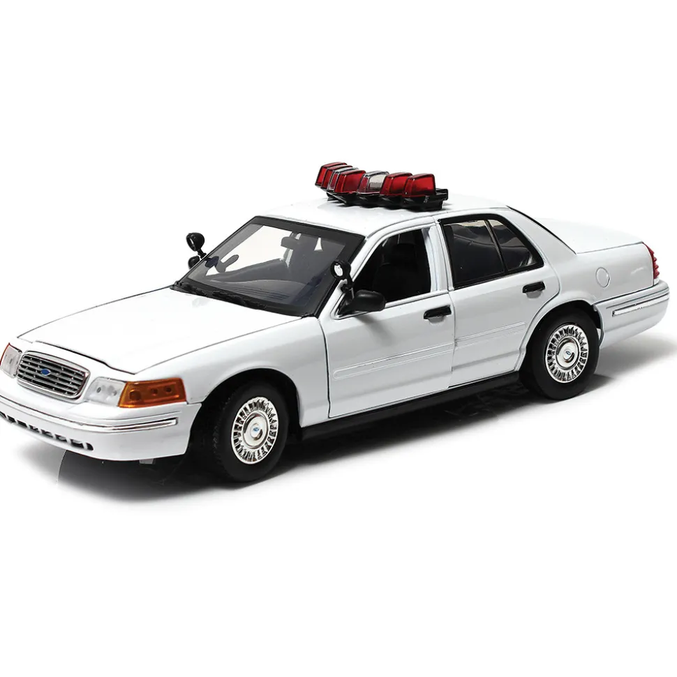 2001 Ford Crown Victoria White Police Car with Lights & Sound 1:18 Scale Diecast Model Car by Motormax