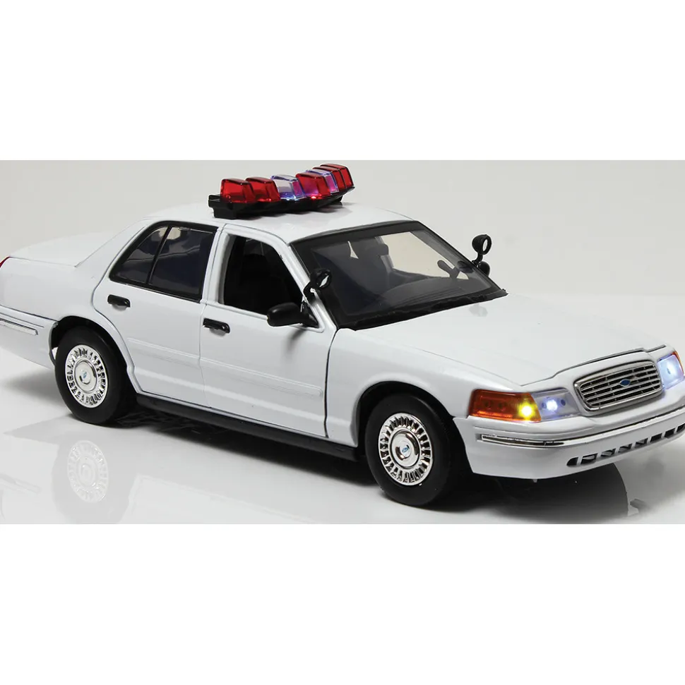 2001 Ford Crown Victoria White Police Car with Lights & Sound 1:18 Scale Diecast Model Car by Motormax