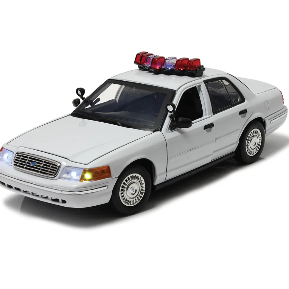 2001 Ford Crown Victoria White Police Car with Lights & Sound 1:18 Scale Diecast Model Car by Motormax