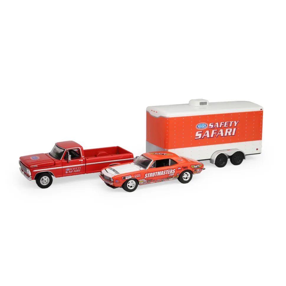 1969 Ford F-250 and 1969 Chevy Z/28 Camaro - Dan Fletcher with Enclosed Hauler Safety Safari 1:64 Scale Diecast Model Truck by Greenlight