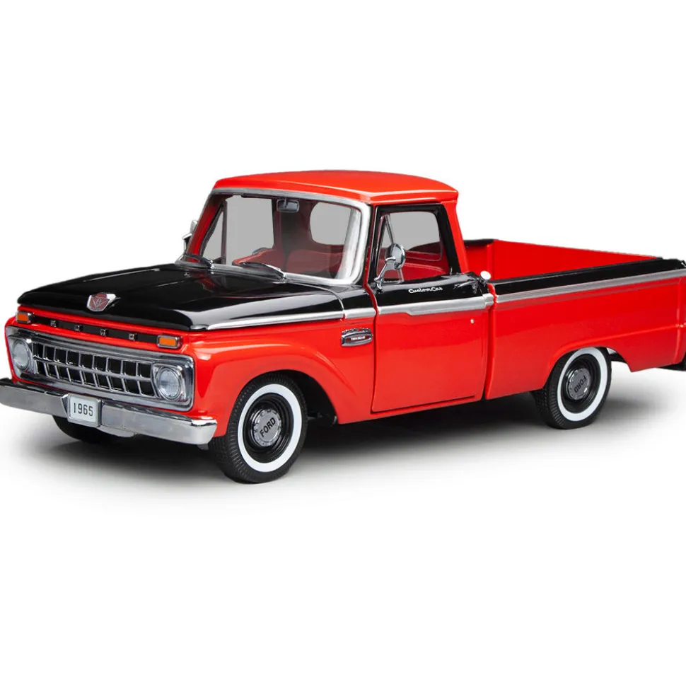 1965 Ford F-100 Custom Cab Pickup - Red & Black 1:18 Scale Diecast Model Truck by Sunstar
