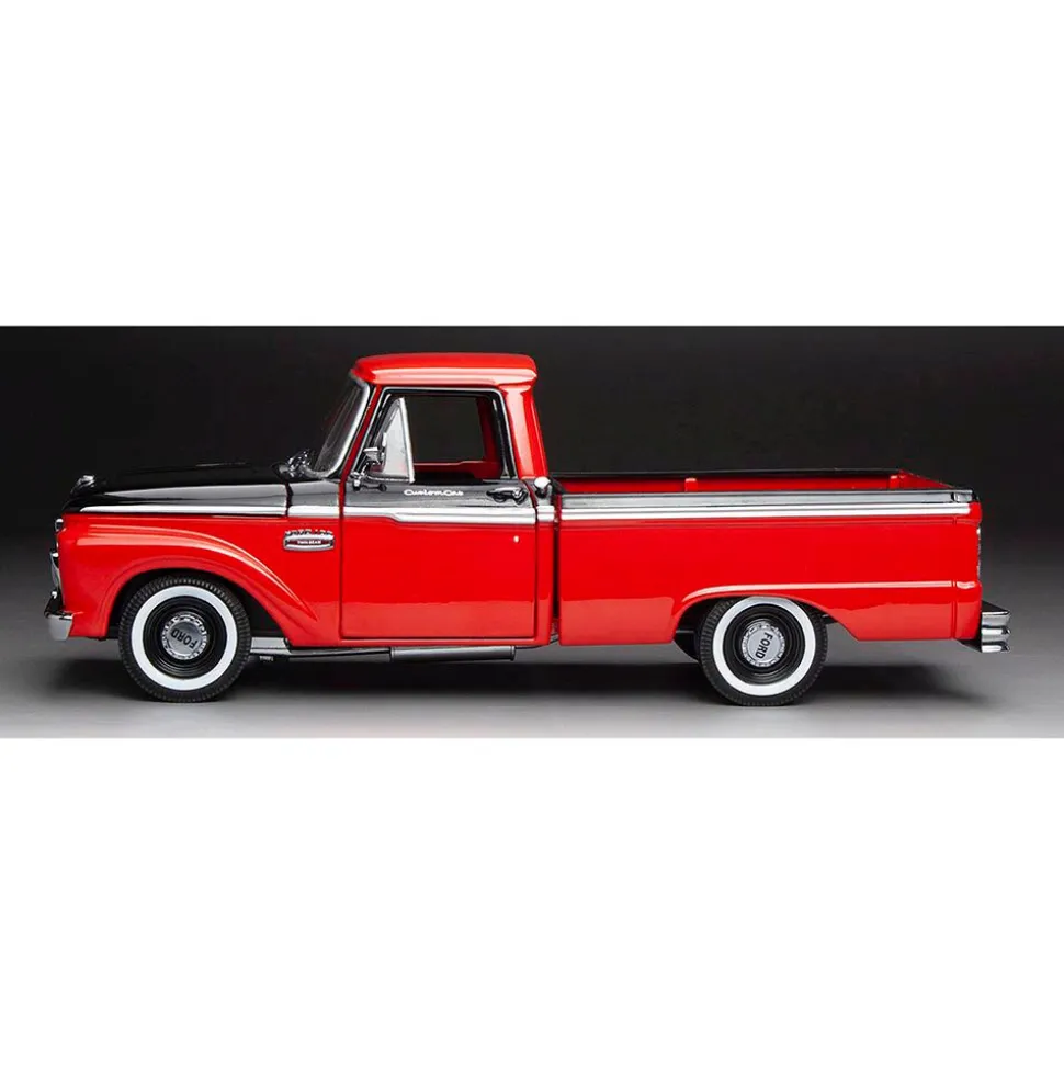 1965 Ford F-100 Custom Cab Pickup - Red & Black 1:18 Scale Diecast Model Truck by Sunstar