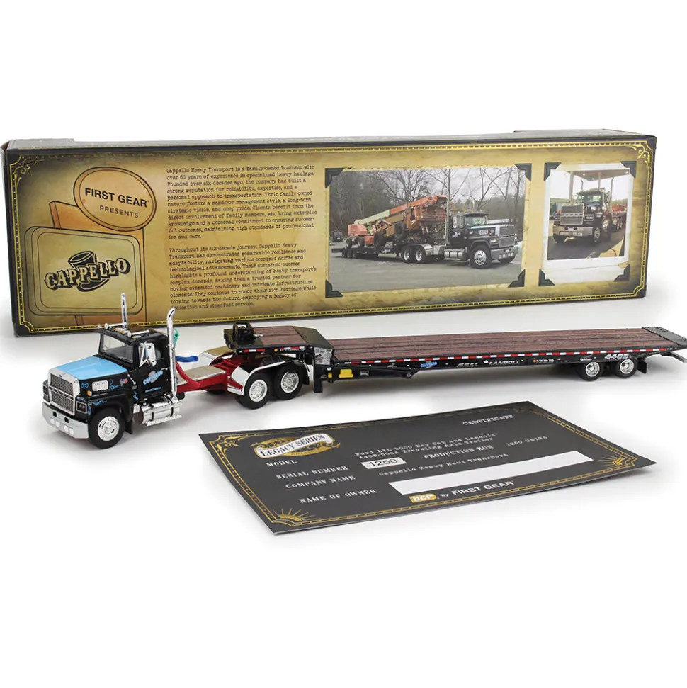 Ford LTL 9000 Day Cab & Landoll 440B-50CA Traveling Axle Trailer - Cappello Transport 1:64 Scale Diecast Model Truck by Diecast Promotions