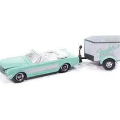 1965 Ford Mustang Convertible w/Small Enclosed Trailer - Aquamarine 1:64 Scale Diecast Model Car by Johnny Lightning
