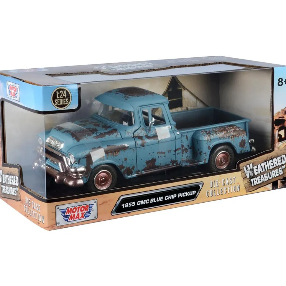1955 GMC Blue Chip Pickup - Weathered Treasure 1:24 Scale Diecast Model Truck by Motormax