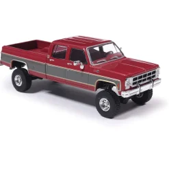 1977 GMC Sierra Grande K2500 Crew Cab Wideside - Dark Red Metallic and Silver Special Two-Tone - Lifted 1:64 Scale Diecast Model Truck by IXO Models