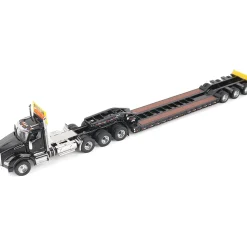 Kenworth T880 SBFA Daycab Tridem Tractor with Trail King TK120 HDG Lowboy Trailer - Black 1:50 Scale Diecast Model Truck by Diecast Masters