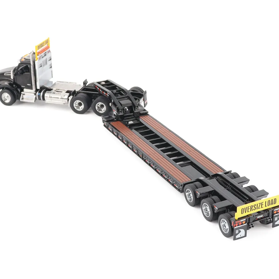 Kenworth T880 SBFA Daycab Tridem Tractor with Trail King TK120 HDG Lowboy Trailer - Black 1:50 Scale Diecast Model Truck by Diecast Masters