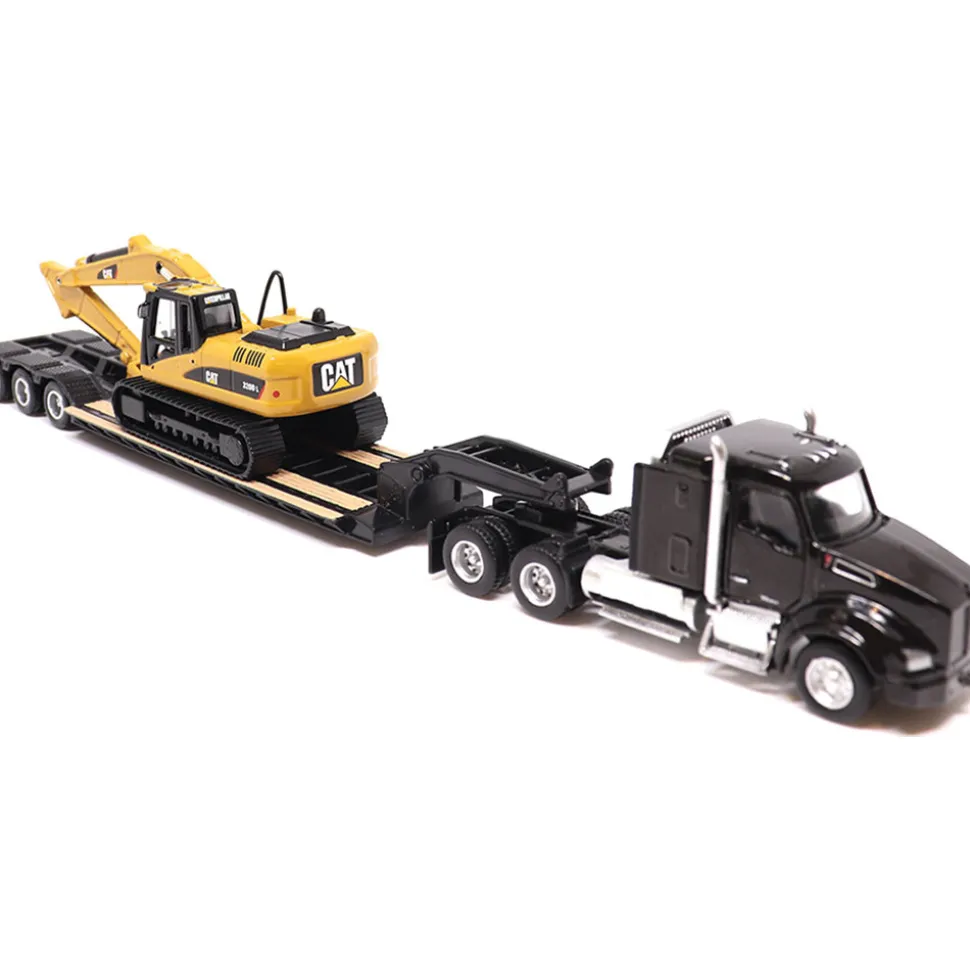 Kenworth T880s SBFS Sleeper Tandem Tractor, Lowboy Trailer & Caterpillar 320D L Hydraulic Excavator 1:87 Scale Diecast Construction by Diecast Masters