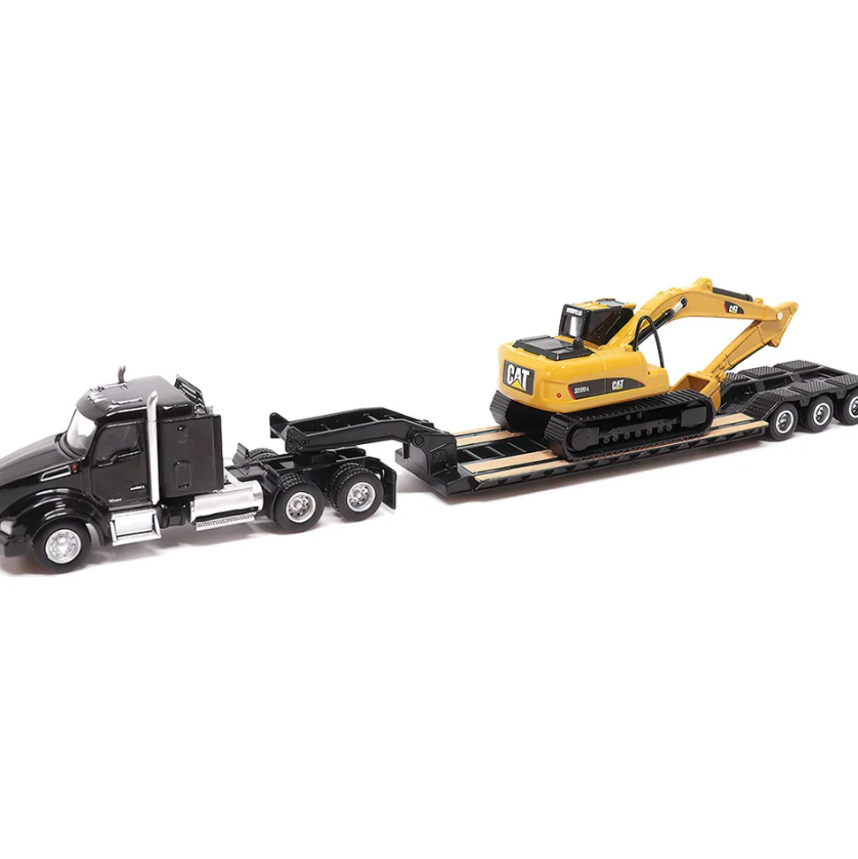Kenworth T880s SBFS Sleeper Tandem Tractor, Lowboy Trailer & Caterpillar 320D L Hydraulic Excavator 1:87 Scale Diecast Construction by Diecast Masters
