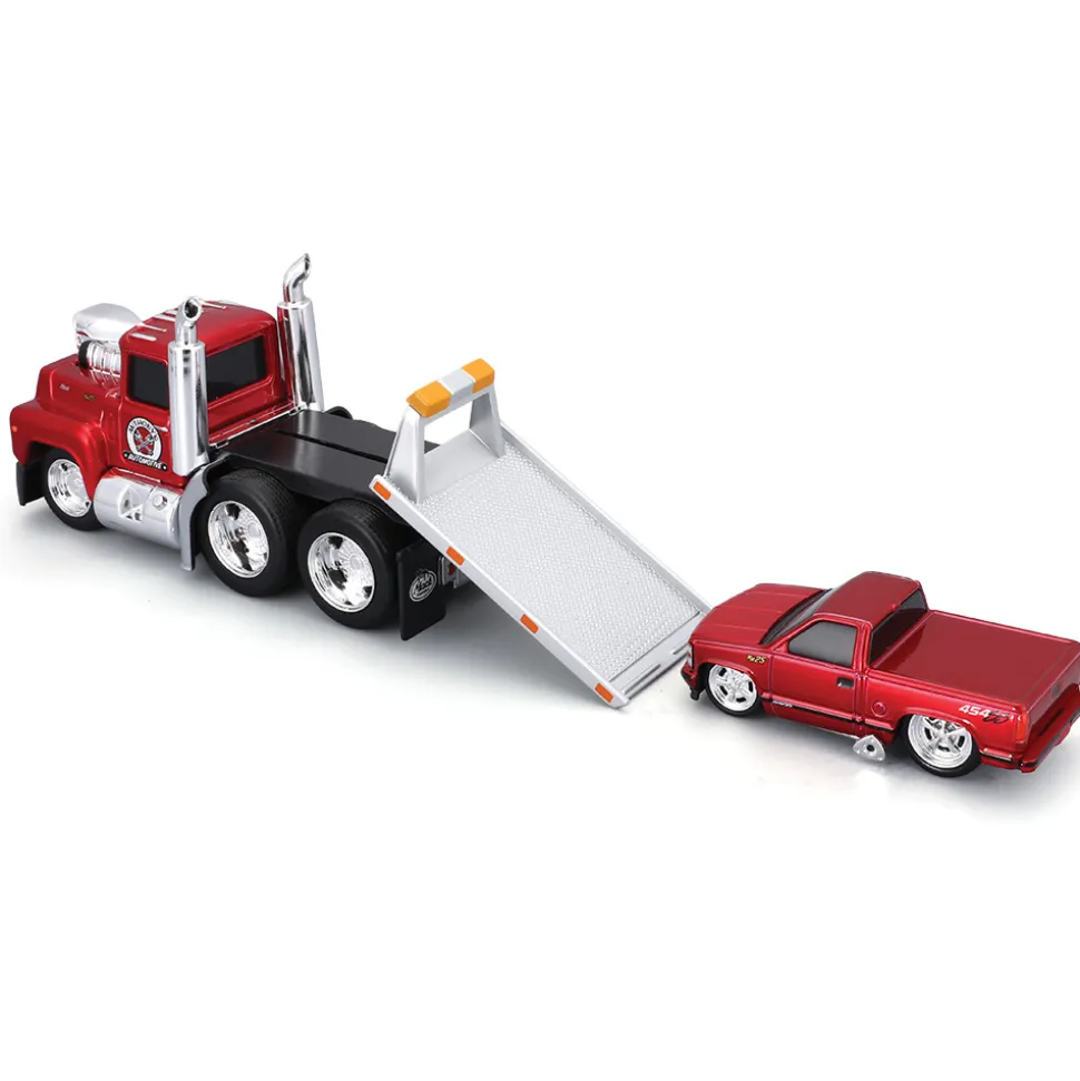 1980 MACK R685ST Flatbed & 1993 Chevy 454 SS - Muscle Transports 1:64 Scale by Muscle Machines