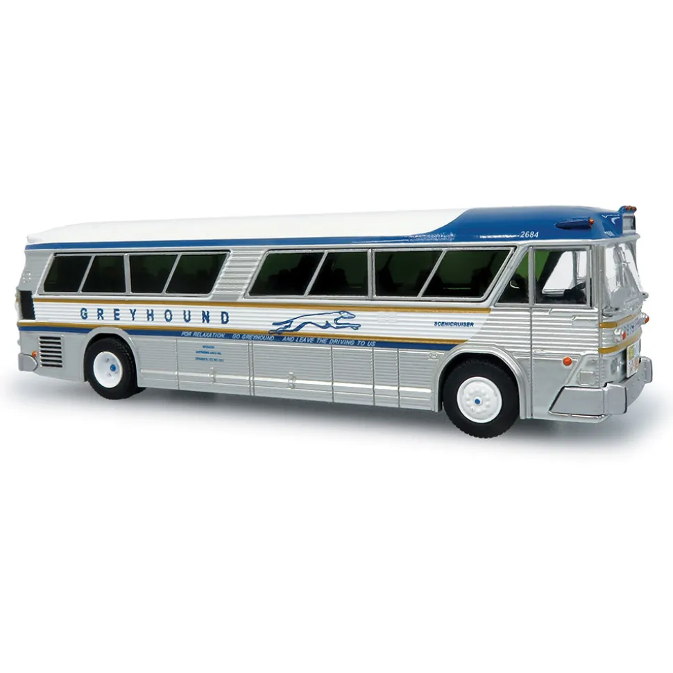 1964 MCI MC-5A Coach: Greyhound Gold Stripe 50th Anniversary 1:87 Scale Diecast Model Bus by Iconic Replicas