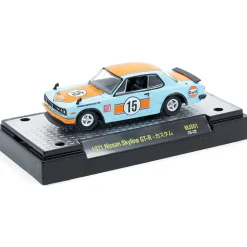 1971 Nissan Skyline 2000 GT-R GULF With 4 Post Lift and 2 Extra Set of Wheels - Blue 1:64 Scale Diecast Model Car by M2 Machines
