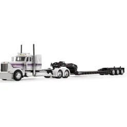 Peterbilt Model 389 36" Flat Top Sleeper & Fontaine Magnitude Lowboy Trailer - White/Black 1:64 Scale Diecast Model Truck by Diecast Promotions