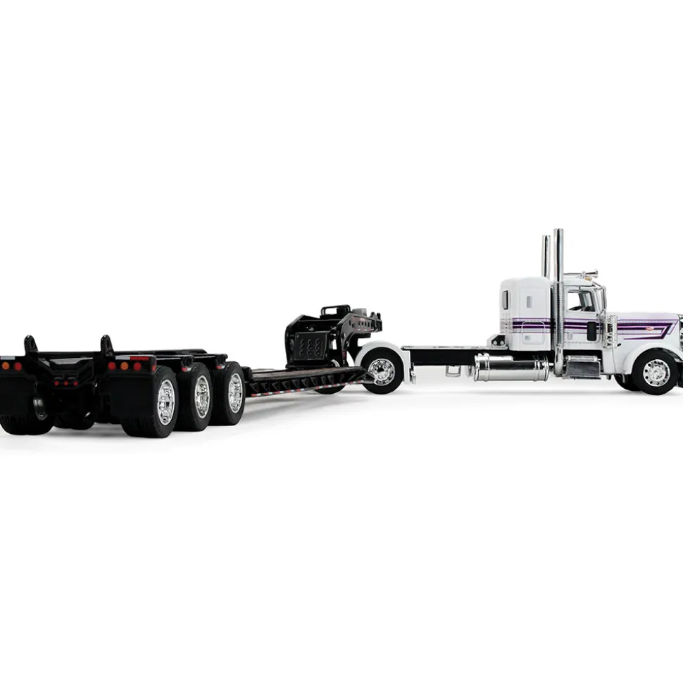 Peterbilt Model 389 36" Flat Top Sleeper & Fontaine Magnitude Lowboy Trailer - White/Black 1:64 Scale Diecast Model Truck by Diecast Promotions