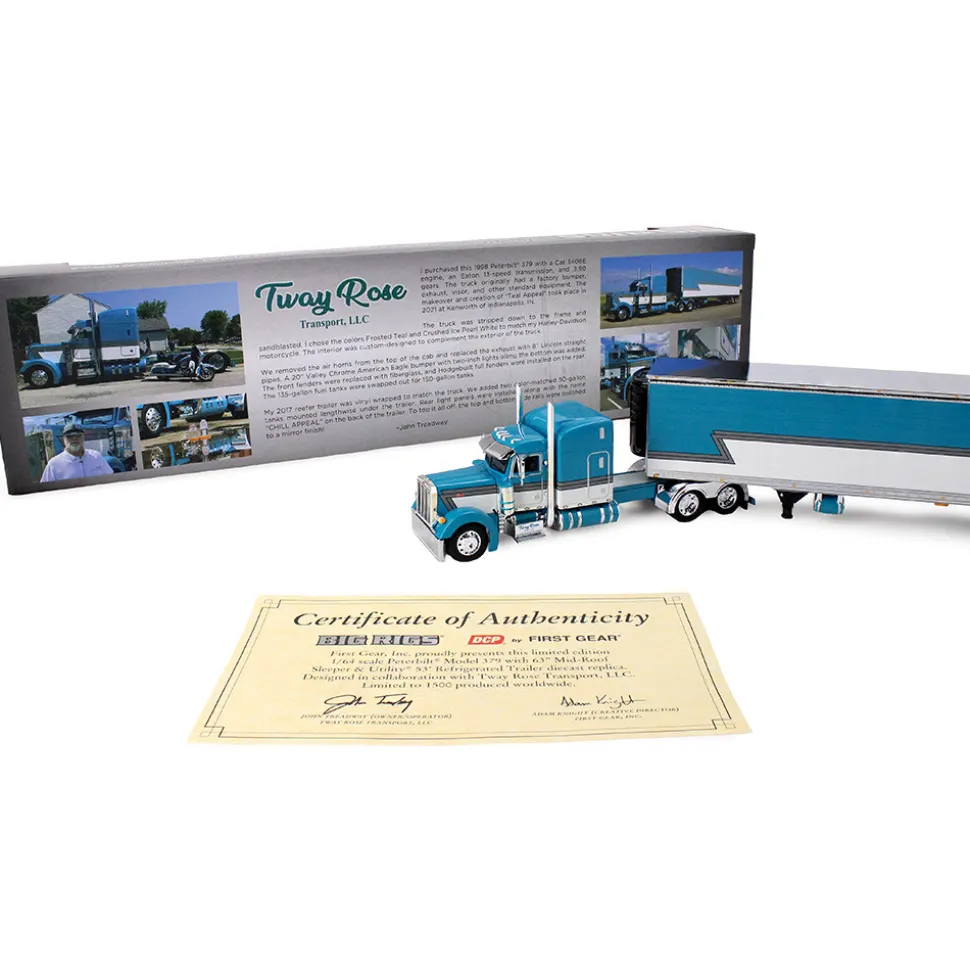 Peterbilt Model 379 with 63” Mid-Roof Sleeper & 53' Utility Trailer with Reefer - Tway Rose Transport 1:64 Scale Diecast Model Truck by Diecast Promotions