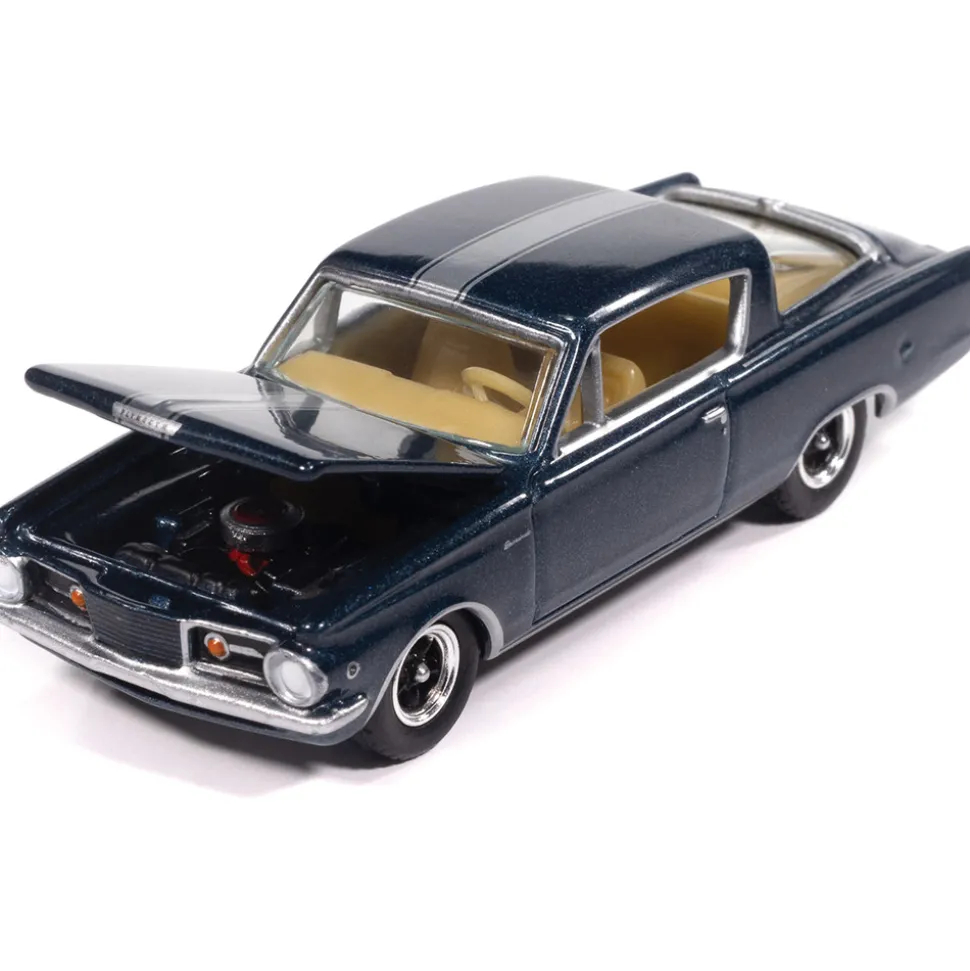 1965 Plymouth Barracuda Formula S - Dark Blue Poly w/Silver Stripe 1:64 Scale Diecast Model Car by Auto World