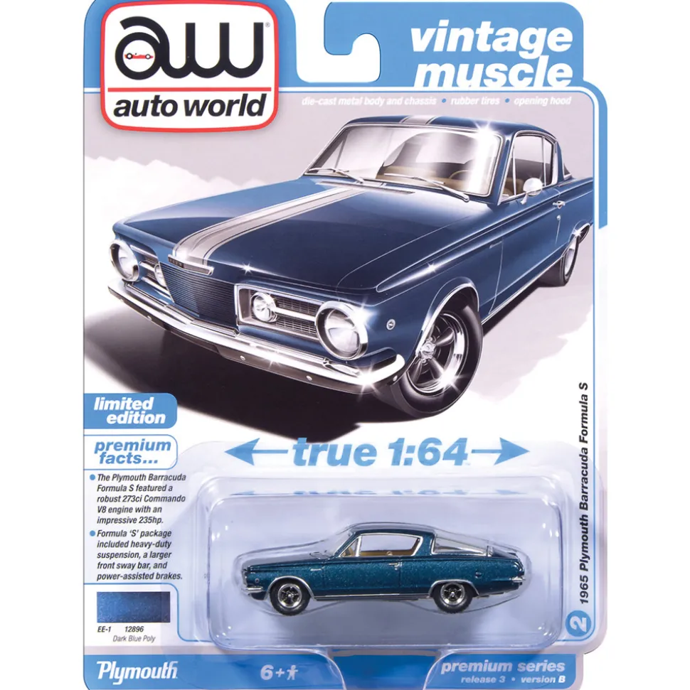 1965 Plymouth Barracuda Formula S - Dark Blue Poly w/Silver Stripe 1:64 Scale Diecast Model Car by Auto World