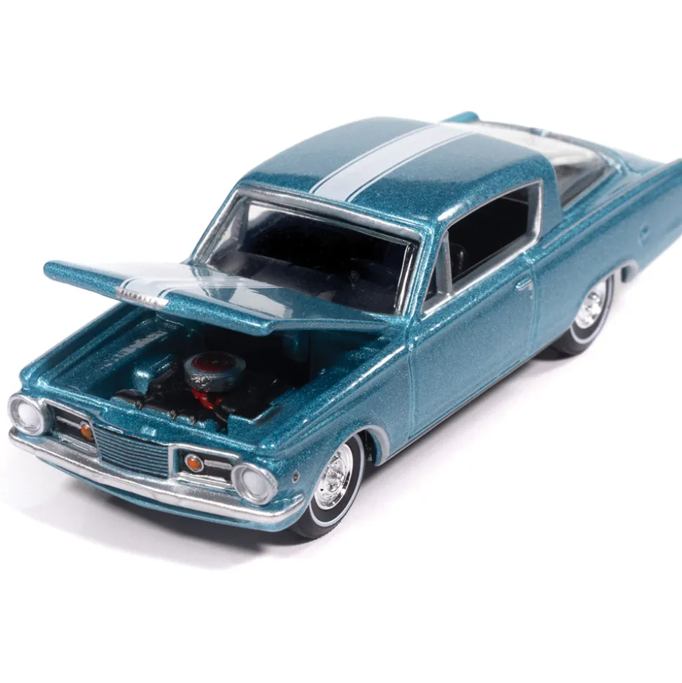 1965 Plymouth Barracuda Formula S - Medium Turquoise Poly w/White Stripe 1:64 Scale Diecast Model Car by Auto World