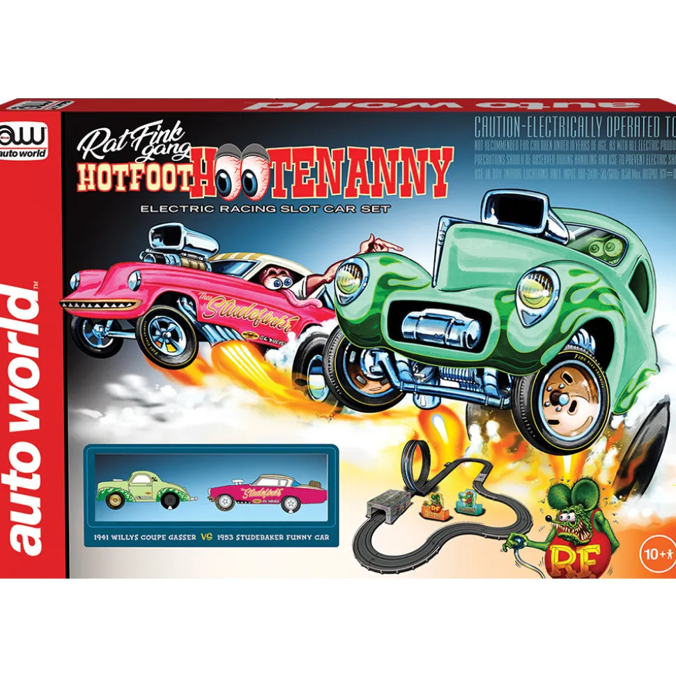 Rat Fink Gang Hotfoot Hootenanny 14 1/2' Race Set with 1953 Studebaker Funny Car & 1941 Willy's Coupe Gasser 1:64 Scale Electric Race Set by Auto World