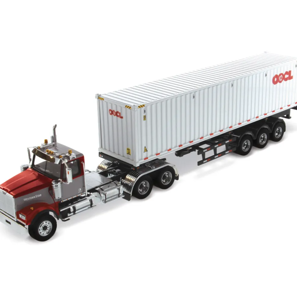 Western Star 4900 SFFA Day Cab with 40' Dry Goods Sea Container - Red& Gray - OOCL - White 1:50 Scale Diecast Model Truck by Diecast Masters