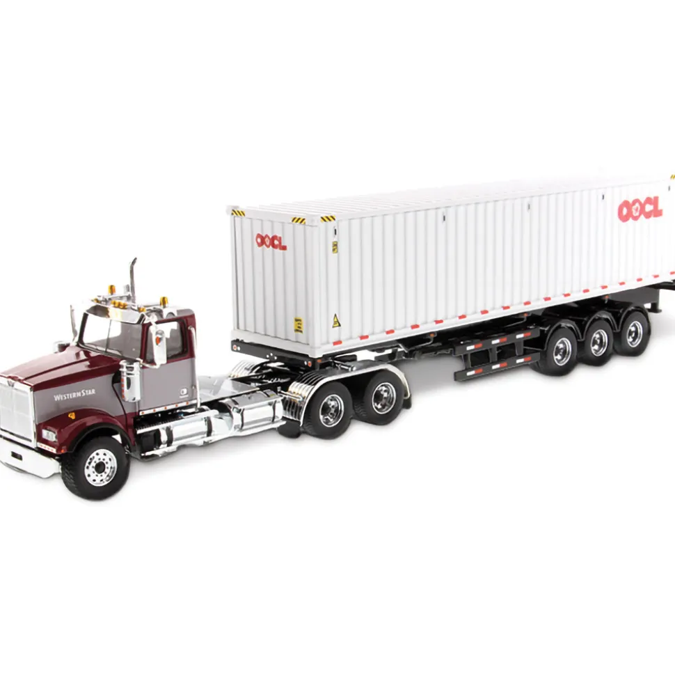 Western Star 4900 SFFA Day Cab with 40' Dry Goods Sea Container - Red& Gray - OOCL - White 1:50 Scale Diecast Model Truck by Diecast Masters