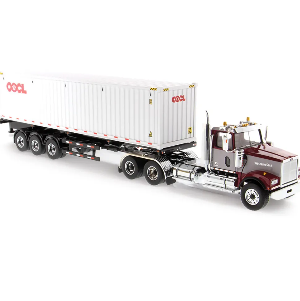 Western Star 4900 SFFA Day Cab with 40' Dry Goods Sea Container - Red& Gray - OOCL - White 1:50 Scale Diecast Model Truck by Diecast Masters