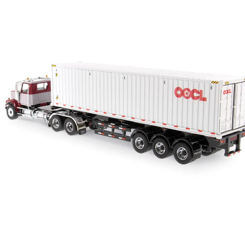 Western Star 4900 SFFA Day Cab with 40' Dry Goods Sea Container - Red& Gray - OOCL - White 1:50 Scale Diecast Model Truck by Diecast Masters